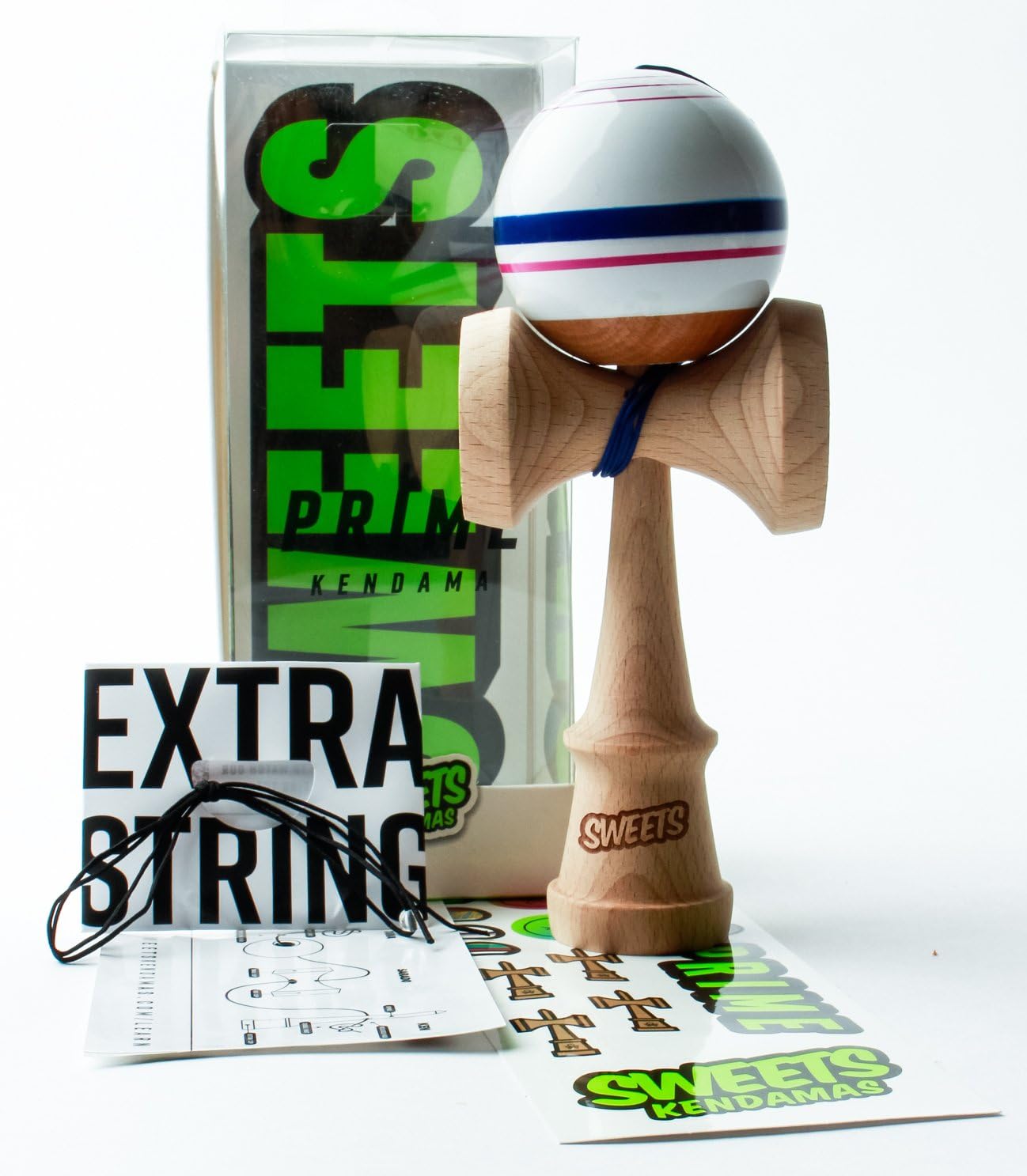 Sweets Kendamas Prime Sport Stripe Kendama - Sticky Paint, Stripe Design, Extra String Accessory Bundle (Blitz)