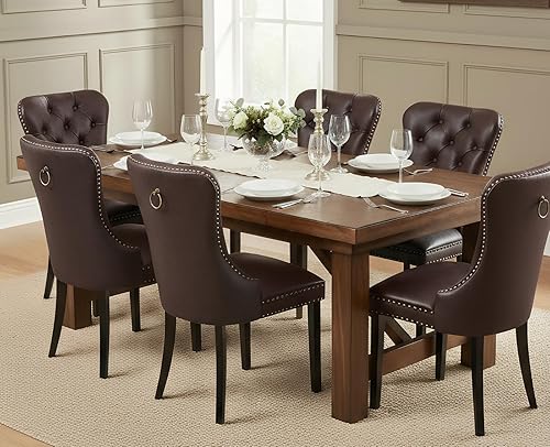 Miniatura 16 de EALSON Juego de 2 sillas de comedor modernas de cuero de mediados de siglo con patas de madera, sillas laterales de cocina tapizadas con ribete de