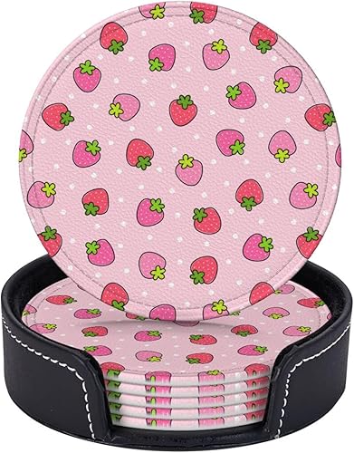 Lindos posavasos de color rosa con diseño de fresa para bebidas, juego de 6 posavasos redondos de cuero con soporte para protección de mesa,