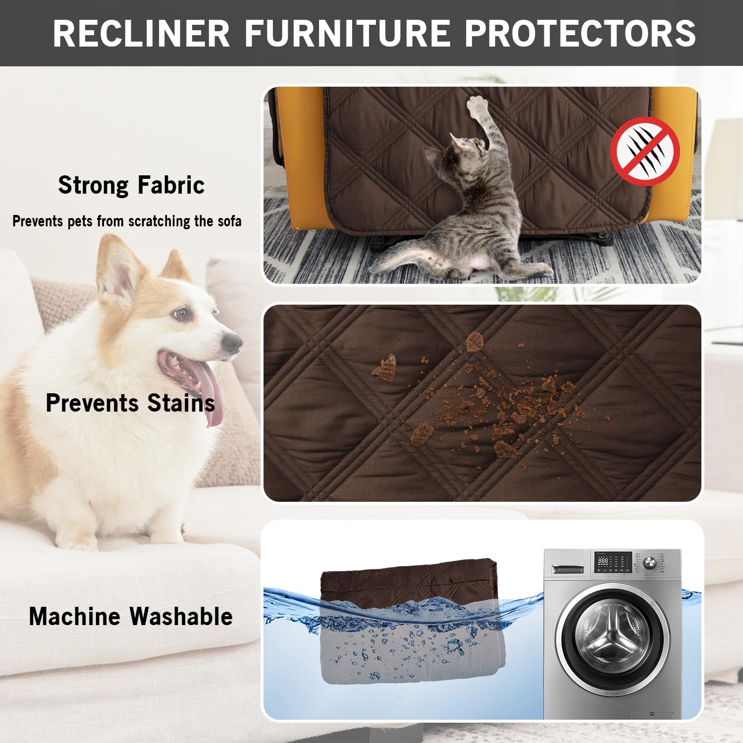 CHHKON Waterproof Recliner Covers with Anti-Skip Furniture Protector Recliner Chair Cover Sofa Slipcover for Children, Sofa Covers for Dogs (Chocolate, 23'')