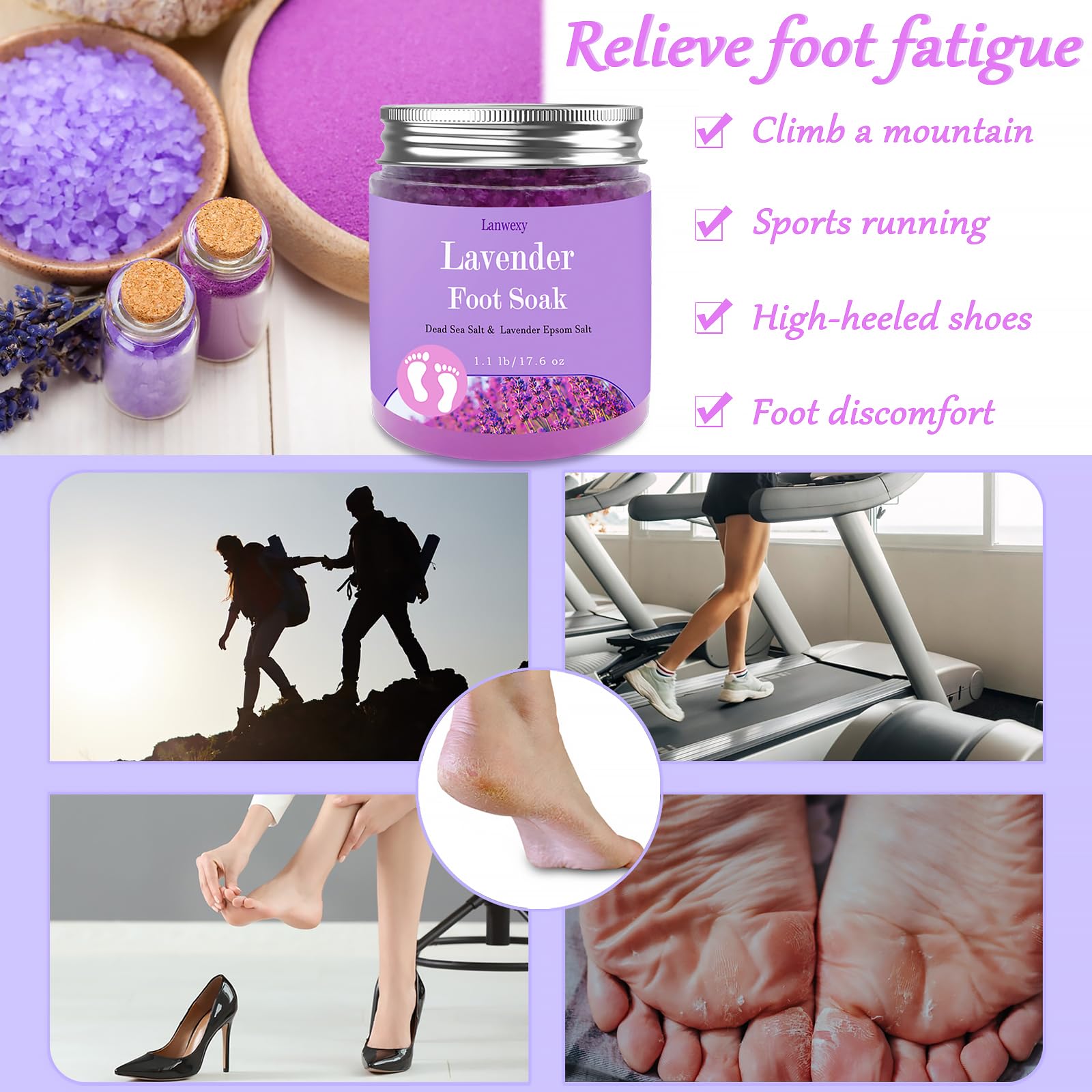 Remojar pies de lavanda con sal de Epsom y sal marina. Cuidado orgánico natural de pedicura de spa hecho a mano para callos de pies, agrietados secos, pies cansados, olor obstinado de los pies (1.1 5