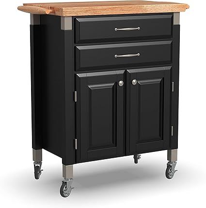 Home Styles Black Dolly Madison Prep and Serve Kitchen Cart with Natural Top, Locking Casters, Two Drawers, Two Storage Cabinets