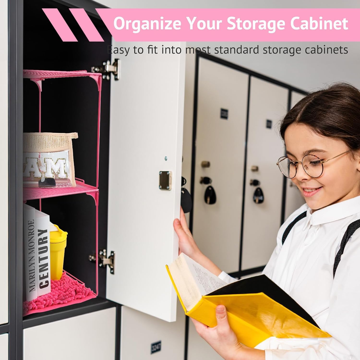 Locker Organizer Shelf, Stackable, Extra Tall, Fits Standard Size School Lockers (Pink)