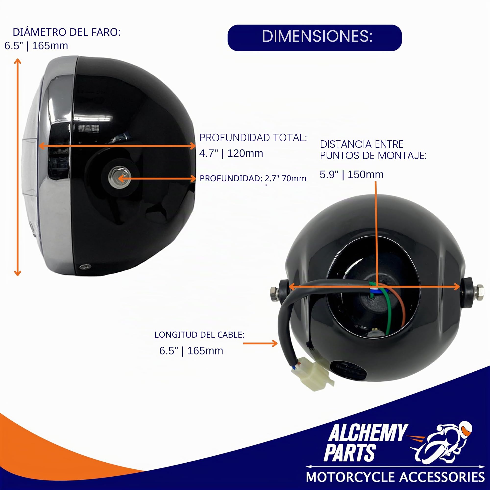 Faro cromado para motocicleta | Faro delantero universal de 165mm para Cafe Racers, proyectos retro y Street Bike personalizadas | Marcado E y homologación europea (negro brillante con bisel Chome)