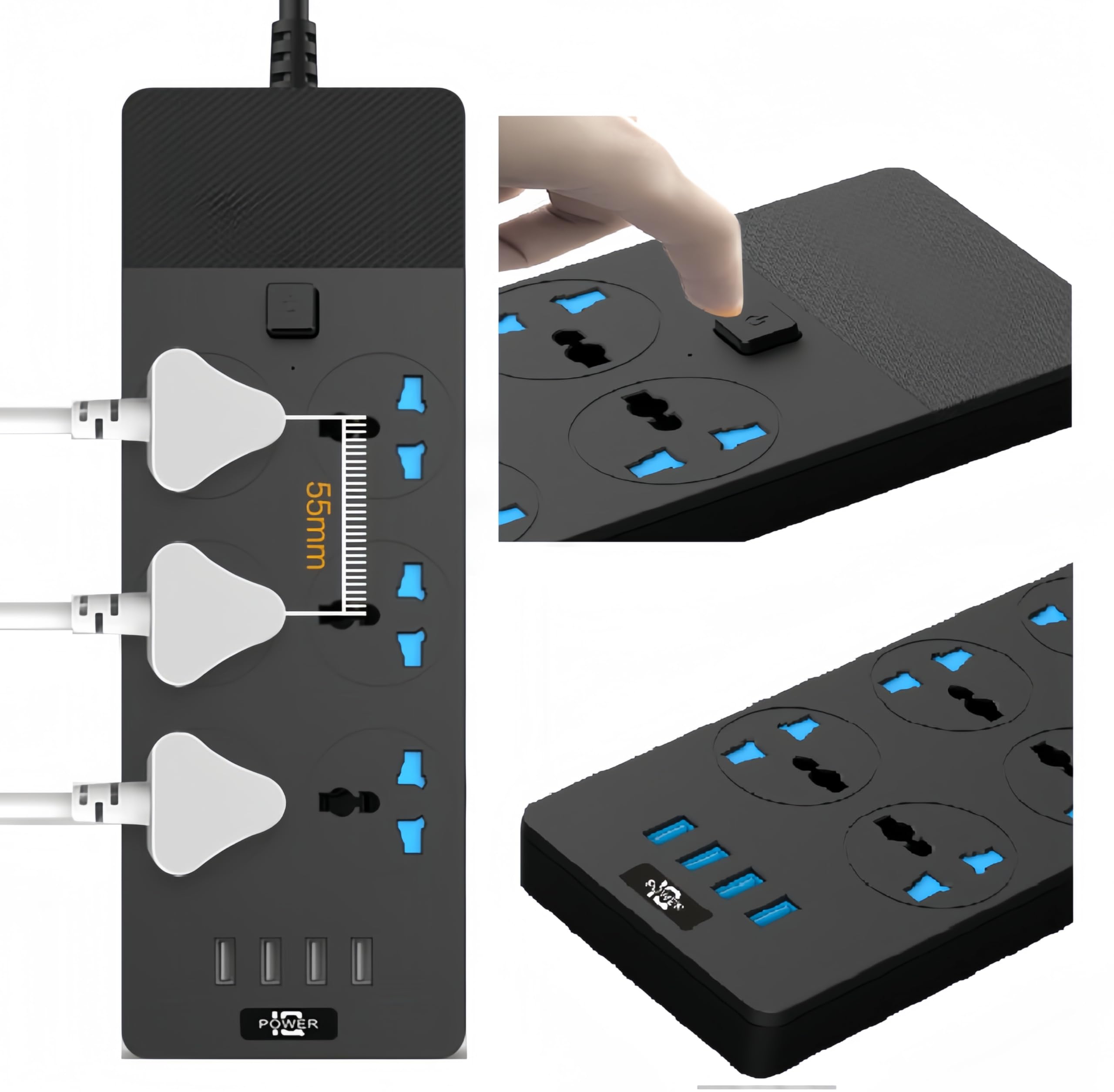 M J Extension Lead 10A Outlet with 6 Way Wall Mountable Multi Plug, 2m (Black)