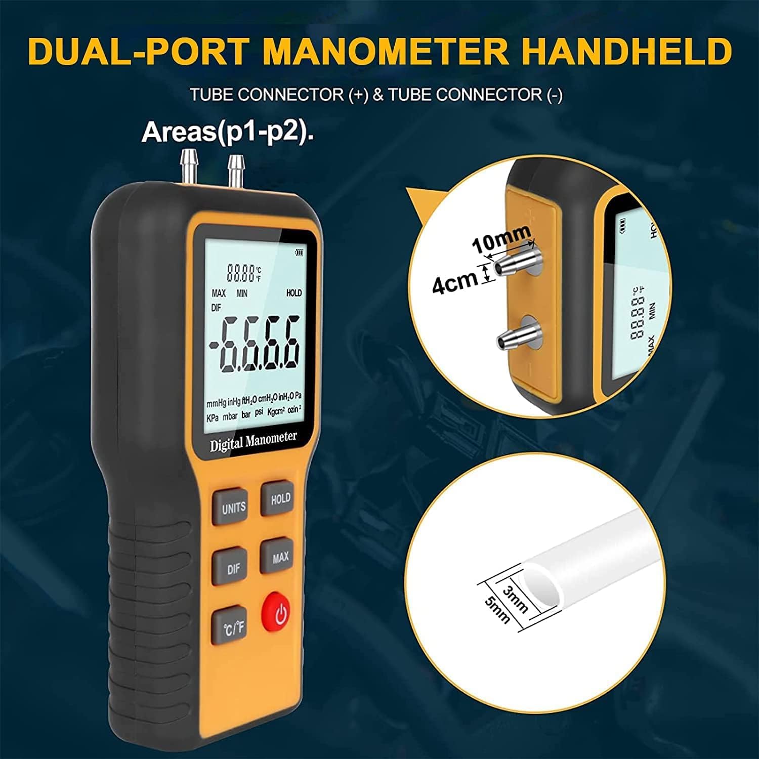 AIOMEST Digital Anemometer und Differenzdruckmessgeräte, Windmesser Windmessgerät Handheld, Digitales Manometer mit 12 wählbaren Einheiten (±20,68 kPa / ±2,999 psi), für HVAC, Lüftung