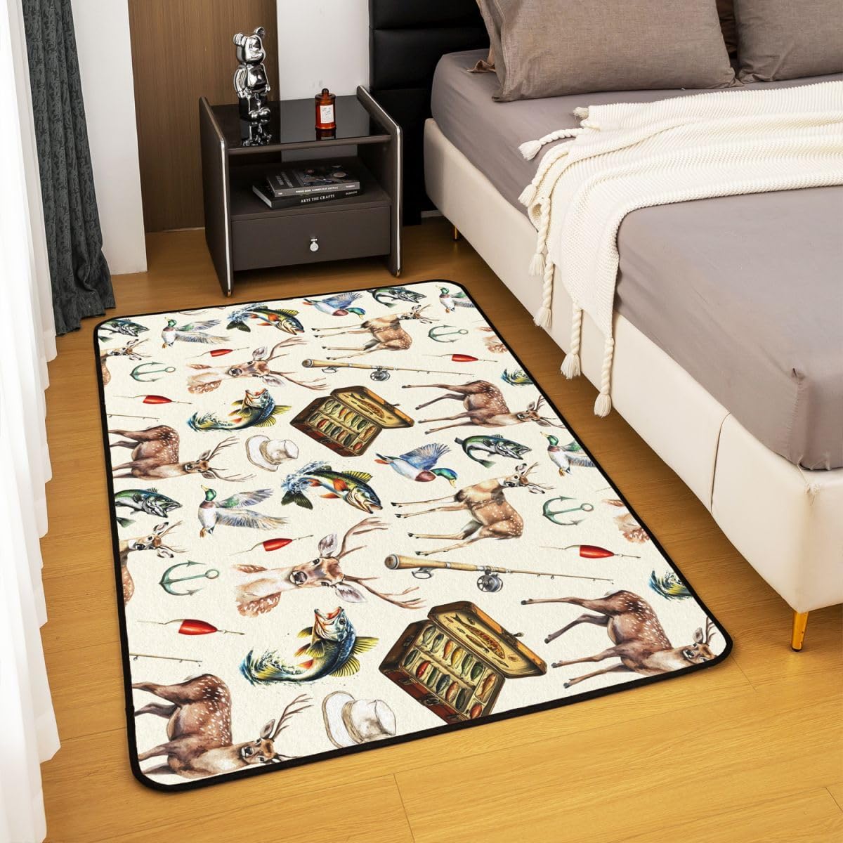 Feelyou Fishing and Hunting Area Rug 5x7 Big Bass Deer Duck Living Room Rugs for Kids Boys Girls Bedroom Rustic Cabin Country Decor Carpet with Non-Slip Backing Indoor Floor Mat Soft Polyester