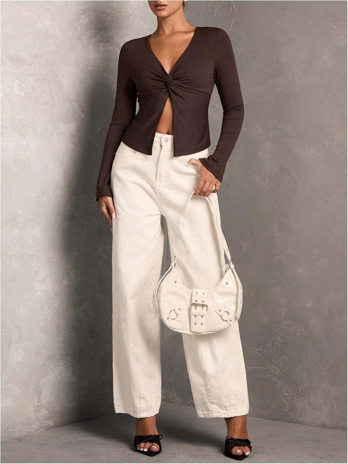 Verdusa Women's Twist Front Long Sleeve Shirts Deep V Neck Fitted Crop Tee Y2K Going Out Tops - Image 5