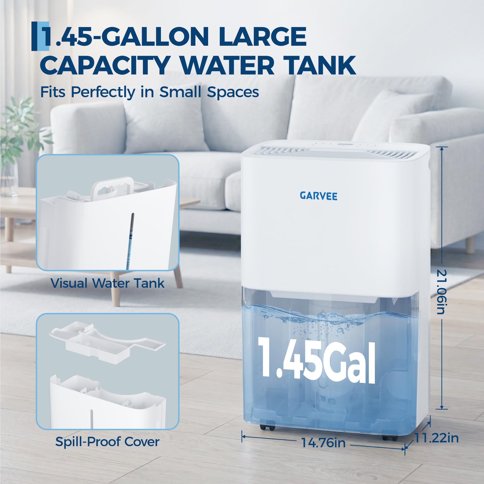 GarveLife Deshumidificador 20L/Día para Habitaciones hasta 280 m², Extractor de Humedad Eléctrico Silencioso, Drenaje Continuo, Pantalla Digital, Portátil para Hogar, Sótano, Baño, 32x22x50cm