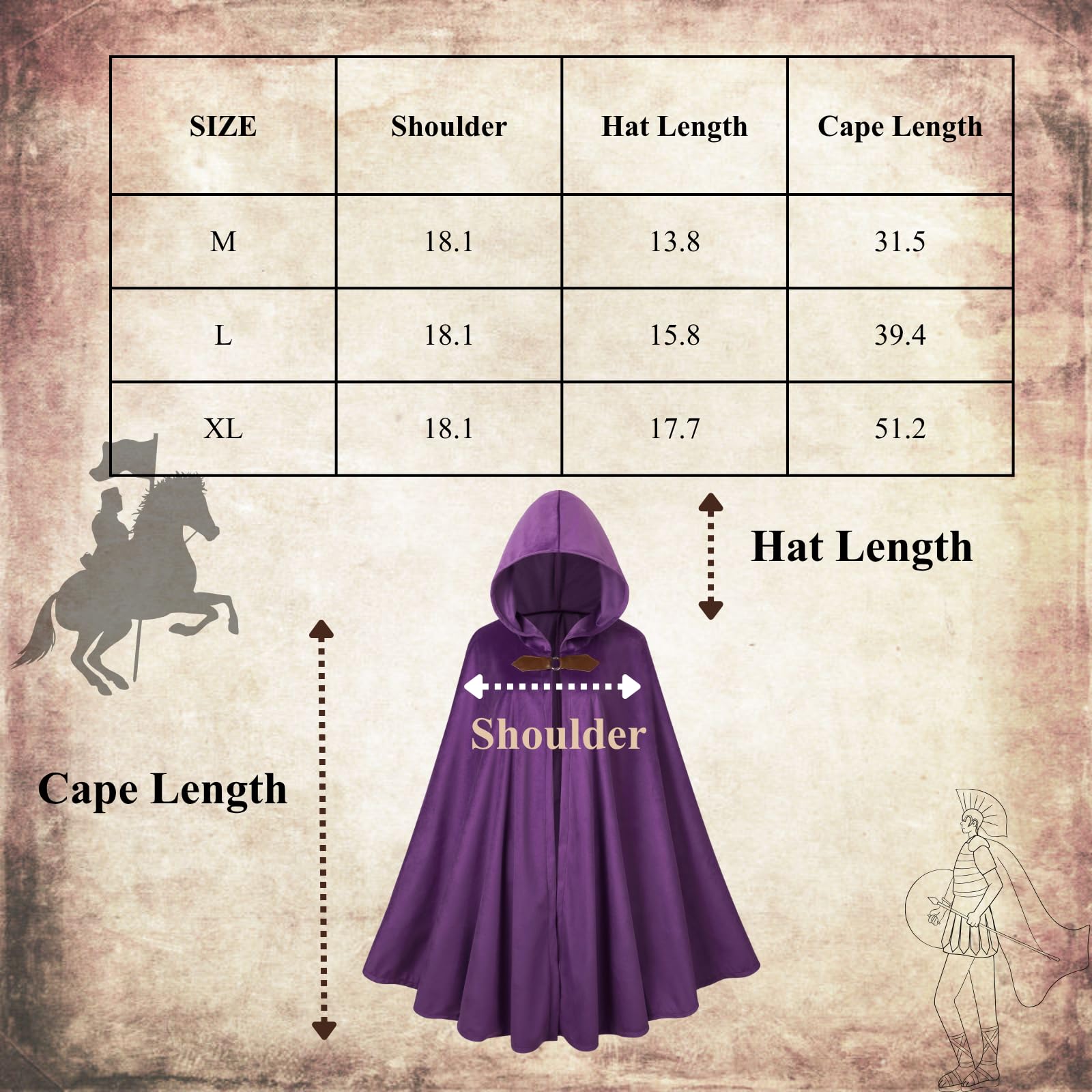 RRCBMD Mens Renaissance Medieval Hooded Cloak Victorian Steampunk Costume Cosplay Purple-130CM - Image 3