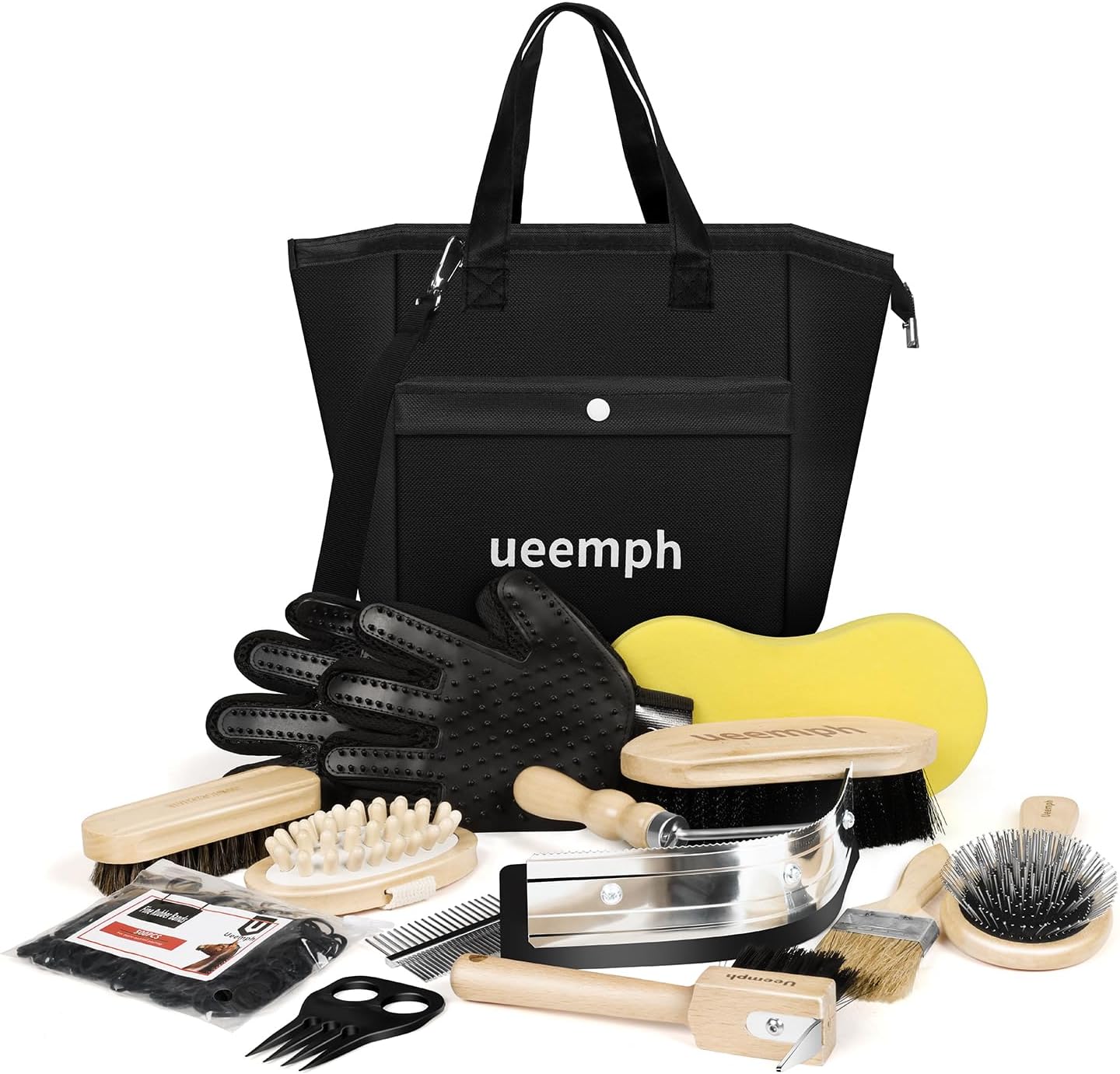 Ueemph Horse Grooming Kit (12-Piece): Brushes, Storage Bag, Sweat Scraper, Mane Comb, Grooming Gloves, Horse Gift for Girls (Black)