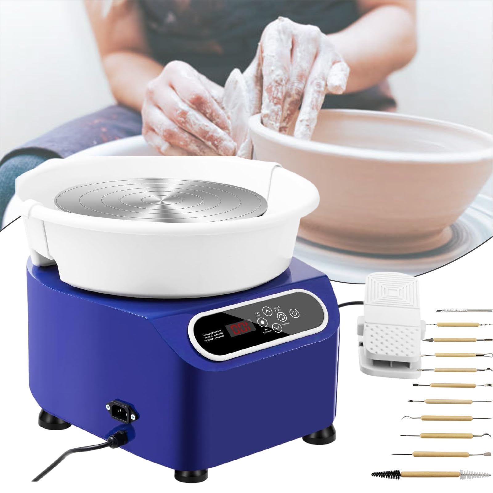 Tornio per Ceramica 25 cm, Strumento Elettrico 350W per Argilla con Pedale e Vasca Amovibile, per Lavori Artistici in Ceramica,Blue-220V