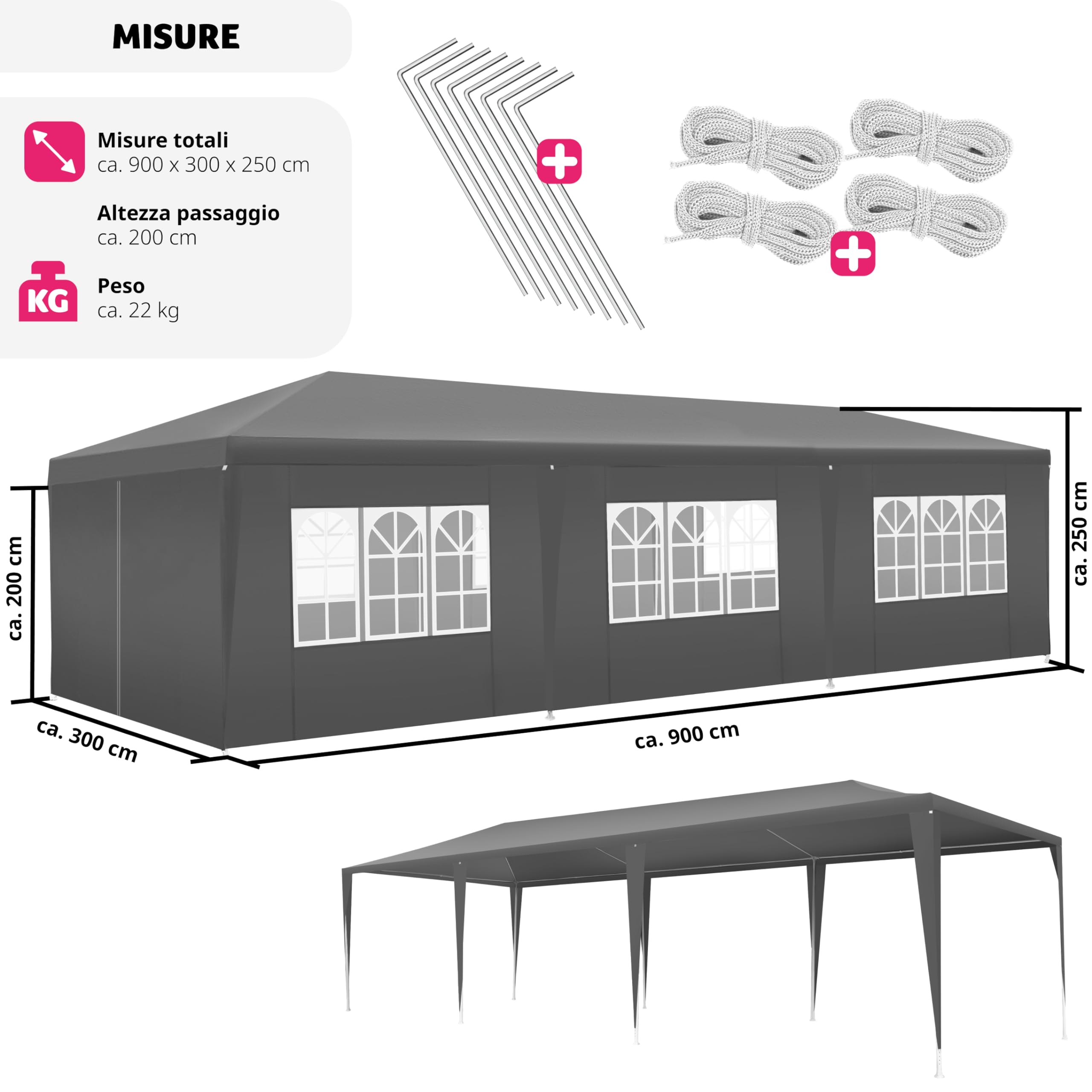 tectake® Tendone per Feste, Padiglione Gazebo Esterno Resistente con 8 Pezzi Laterali, Gazebo da Esterno con Finestre, Impermeabile, Resistente ai Raggi UV, 900 x 300 x 250 cm - Grigio