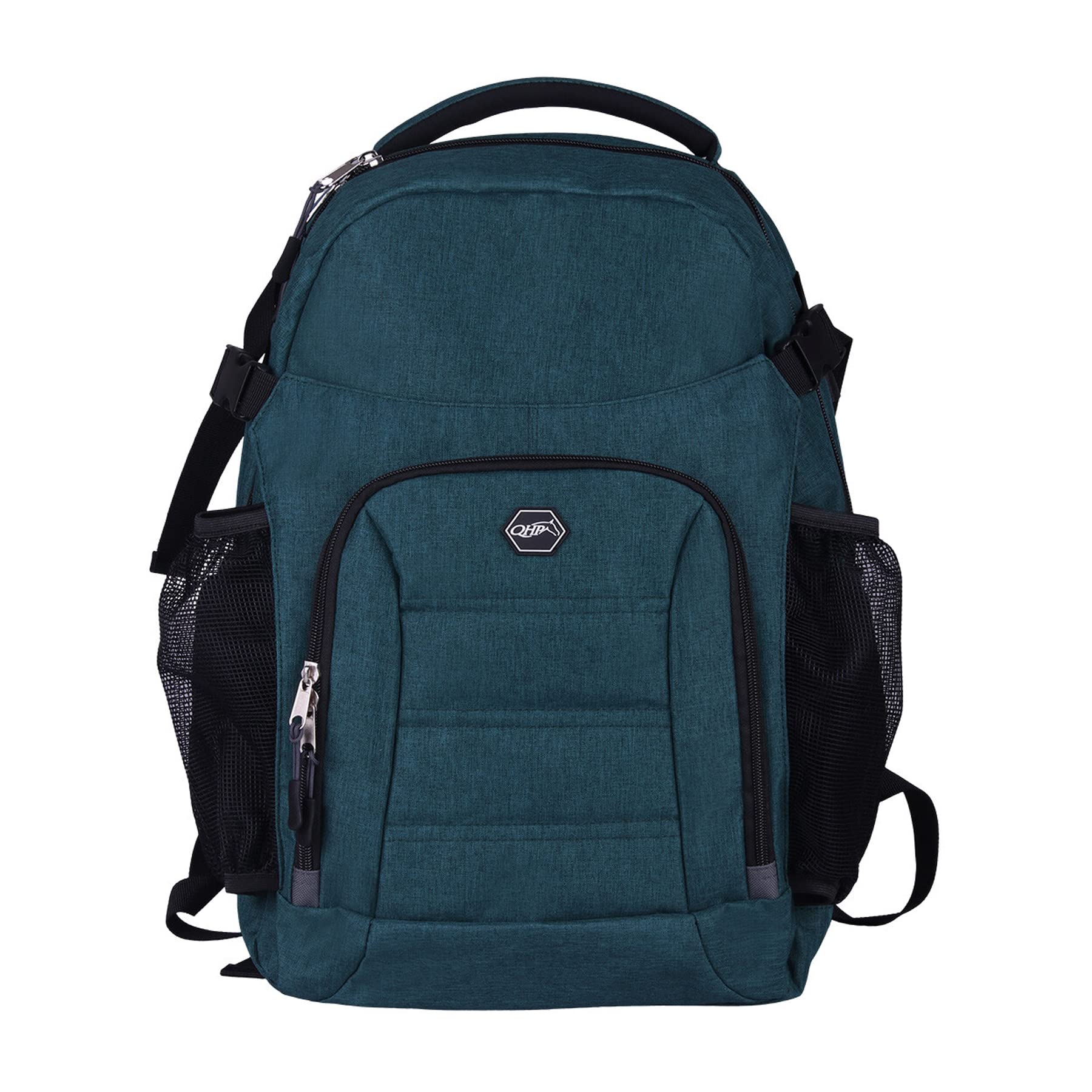 QHP Reitrucksack | 20 Liter Inhalt | Praktischer Rucksack | Bequemes Tragen | Vielseitig einsetzbar | Große Reißverschlusstasche | inkl. Netztaschen | Dunkelgrün