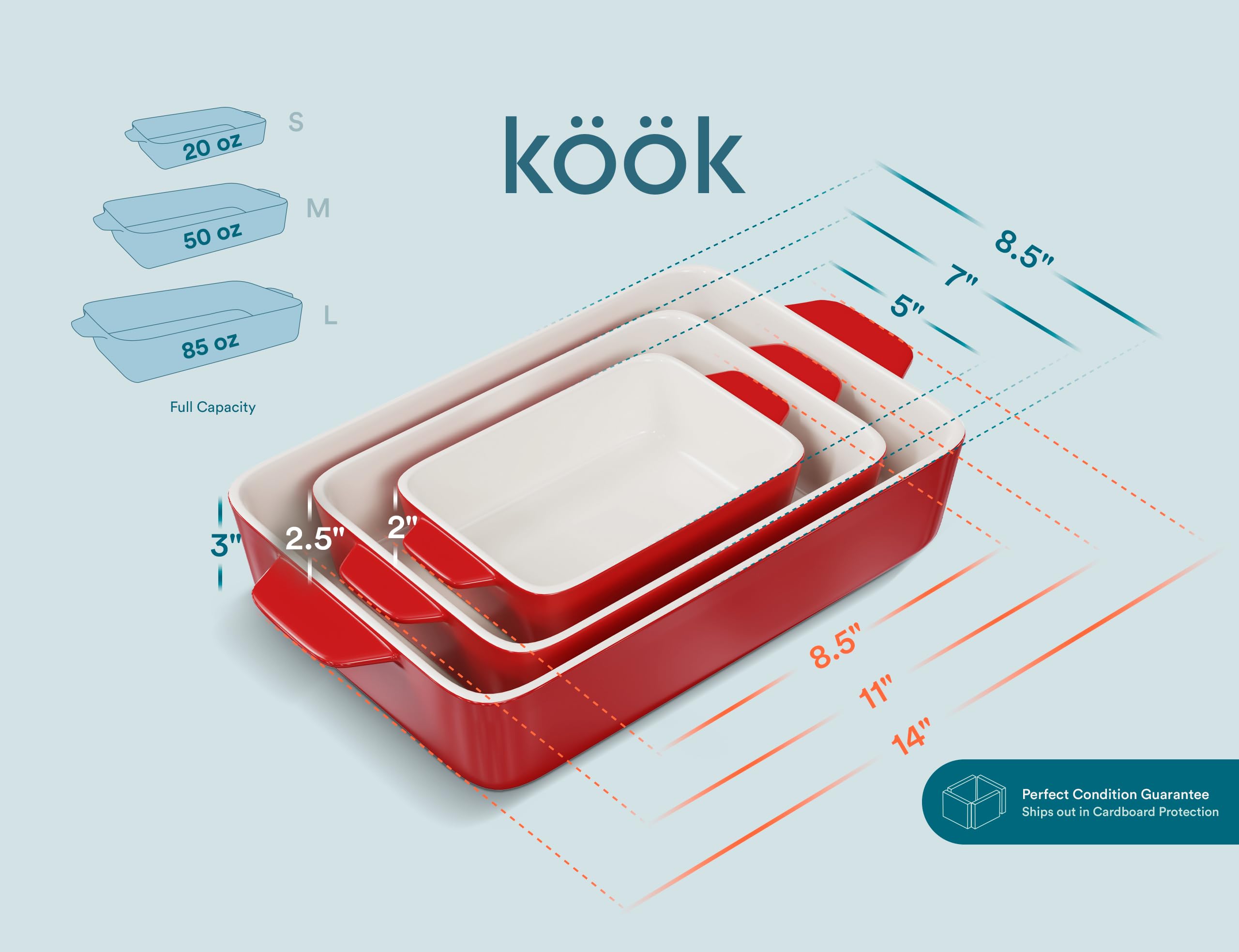 Kook Keramik-Backformen-Set, rechteckig, für Aufläufe, Lasagne, Kuchen, kleine, mittelgroße und große Pfannen, mikrowellen- und spülmaschinenfest, 3-teilig, Kirschrot