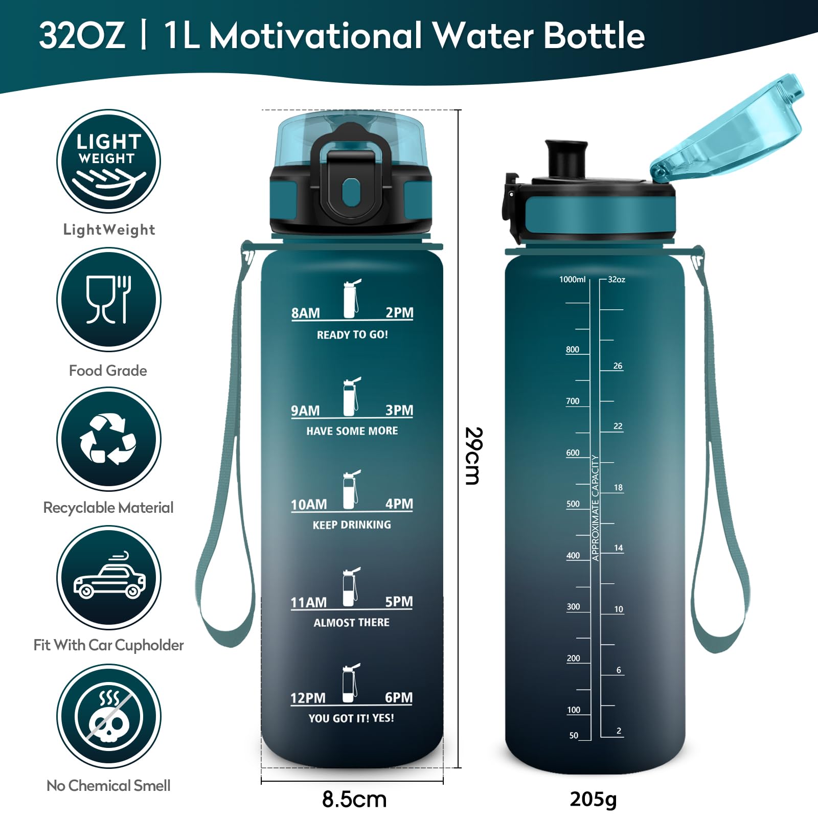 KollyKolla Borraccia 1L, Riutilizzabile, Bottiglia con Filtro, Borraccia con Indicatore del Tempo Motivazionale senza BPA, A Prova di Perdite, ideale per Adulti, Bambini, Scuola, Ufficio