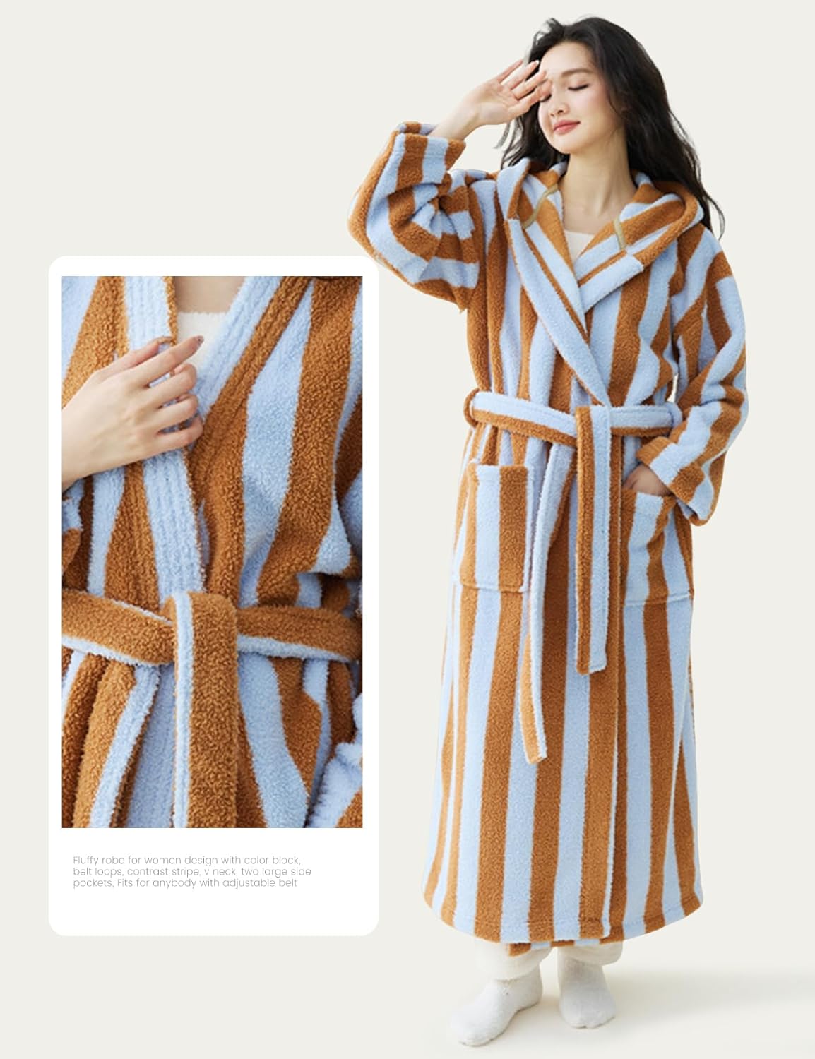 Yimoon Womens Fluffy Fuzzy Hooded Robe Striped Plush Long Bathrobes Thick Warm Soft House Coat Loungewear(Khaki-M) - Image 6