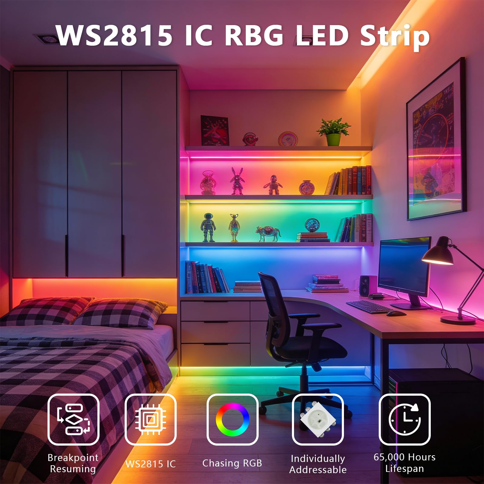 Upgrade S--Typ WS2815 taśma LED, 5 m, 300 pojedynczych adresowalnych pikseli RGB, DC 12 V podwójny sygnał (zaktualizowana wersja WS2812B, elastyczna, 5050 SMD, Magic Dream Color, IP30, biały PCB