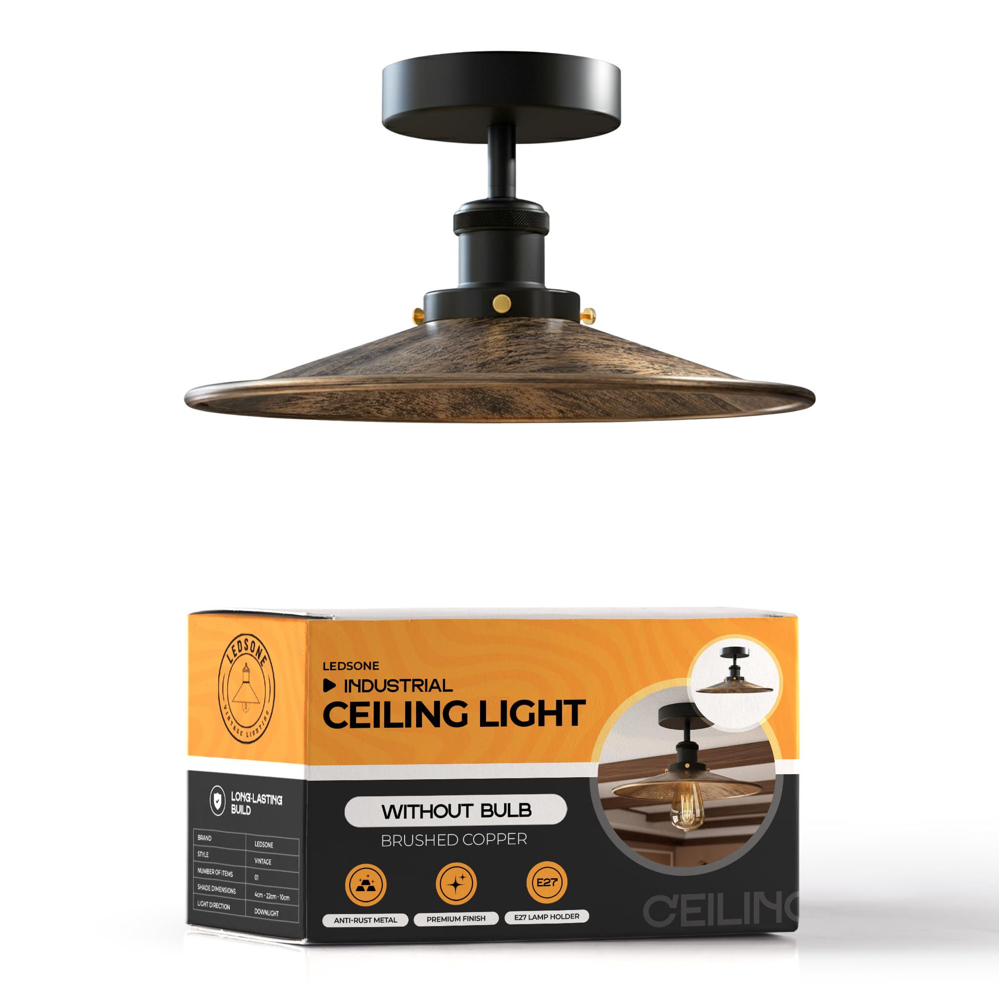 LEDSone Vintage Semi Flush Mount Ceiling Light with 22cm Brushed Copper Metal Flat Lampshade E27 Lamp Base LED Ceiling Light Fitting Chandeliers for Kitchen Living Room Bedroom with EPC A+