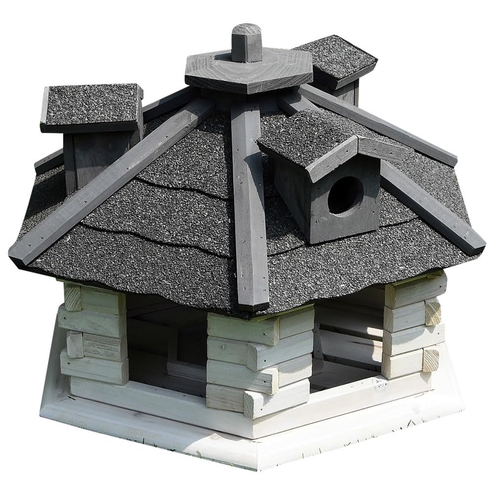 Melko Vogelhaus Vogelfutterhaus 6-eckig 48x48x33 cm Holz mit Futterspender | Dach mit Bitumenschindeln, vorbehandeltes Fichtenholz, 3 Anflugstege, Futter vor Wind und Regen geschützt, in Weiß und Grau