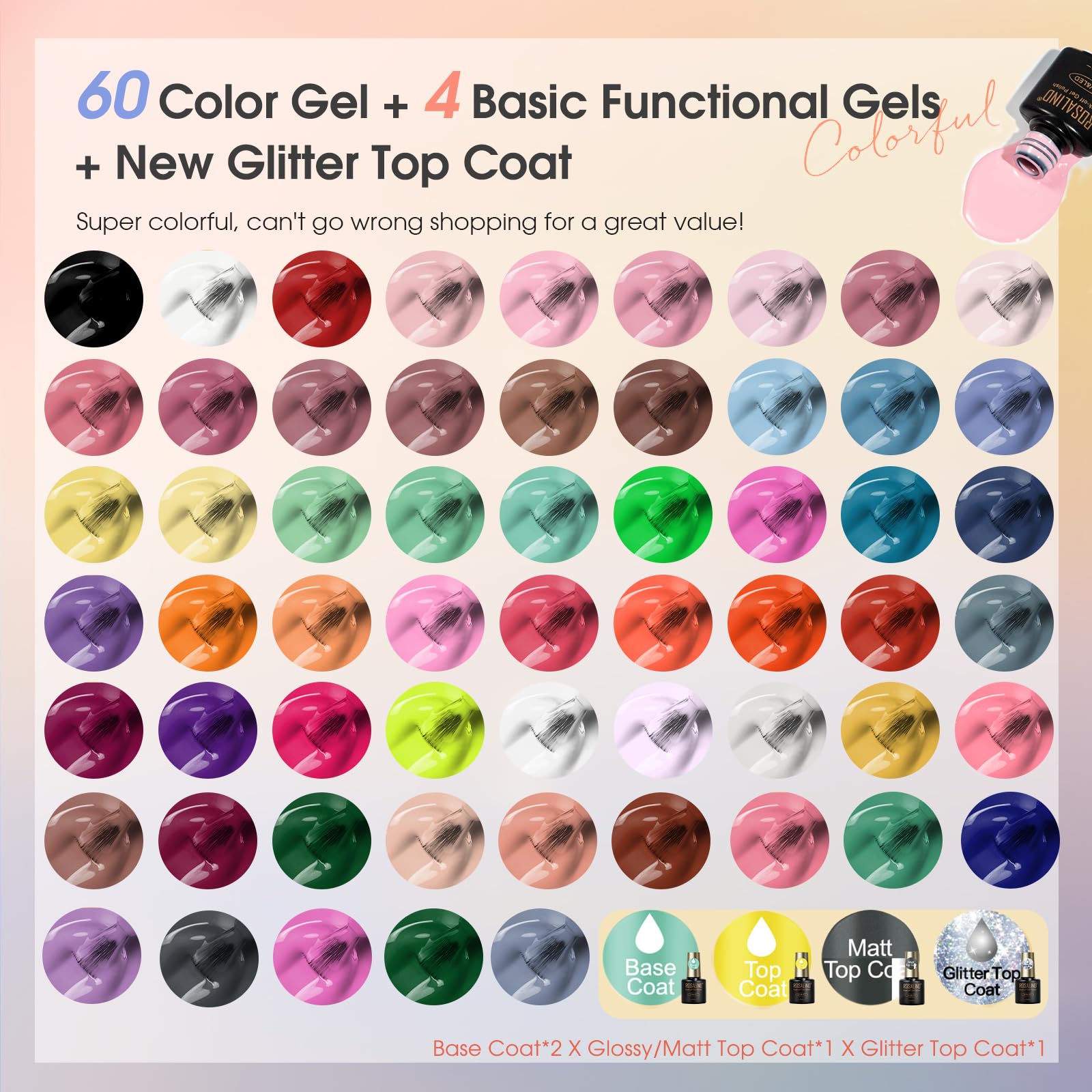 ROSALIND Smalto Semipermanente Unghie 65 Pezzi Rosa Giallo Blu Verde Viola | Colori Smalti Semipermanenti per Unghie Rosso Nero Grigio Marrone, UV/LED Mini Smalto Gel Manicure Regalo