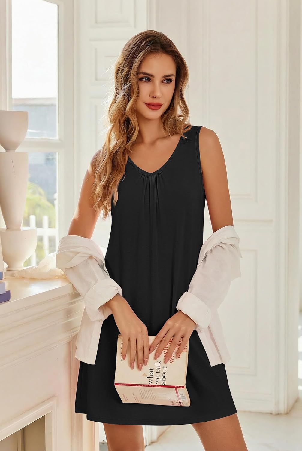 Ekouaer Nightgowns for Women Bamboo Viscose Night Gown Sleeveless Sleep Shirts Tank Sleep Dress V-neck Sleepwear - Image 4