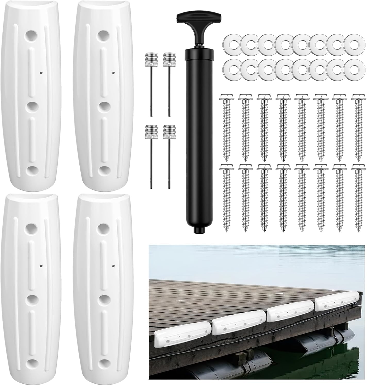 Timtin 4 Pack 17 Inch Dock Bumpers Fenders for Edging Docking Inflatable Marine Fender Guard with Pump and Mounting Hardware for Straight-Edge Side UV-Resistant Marine Bumper Horizontal Protection