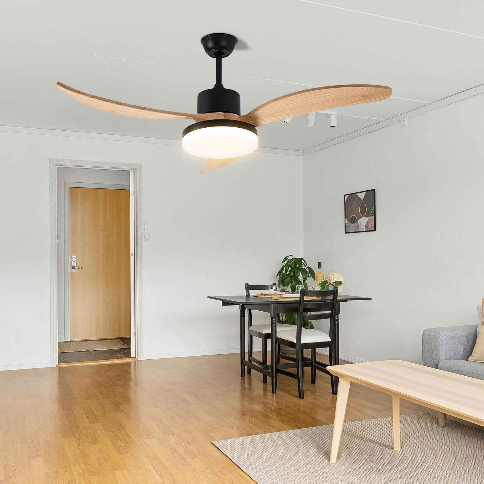 Ventilador de Techo con luz Regulable, silencioso, con Motor de CC, Control Remoto, 6 velocidades, 3 aspas de Madera, diseño Moderno de 30 W, Ideal para Dormitorio, Sala de Estar y