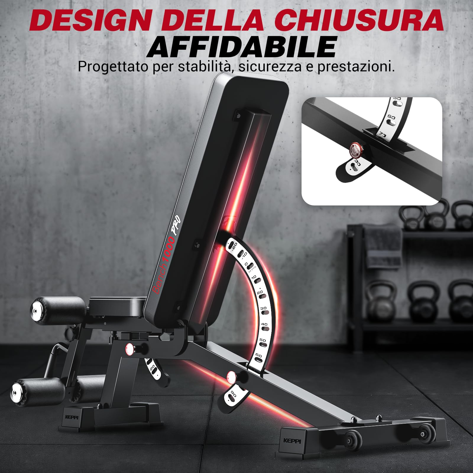 Keppi Panca Palestra, con 600 kg Capacità – Panca Multifunzione Palestra Casa per Allenamento con Pesi, Addominali e Fitness Completo, Fermapiedi Rimovibile - Bench1000 Pro