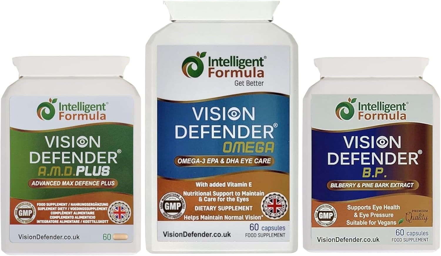 Vision Defender Plus & BP & Omega Supreme Eye Care Bundle – Eye Supplements with AREDS2 (inc. Lutein, Zinc), Meso-Zeaxanthin, Bilberry, Pine Bark, Omega-3 Fish Oil (EPA, DHA). Made in UK