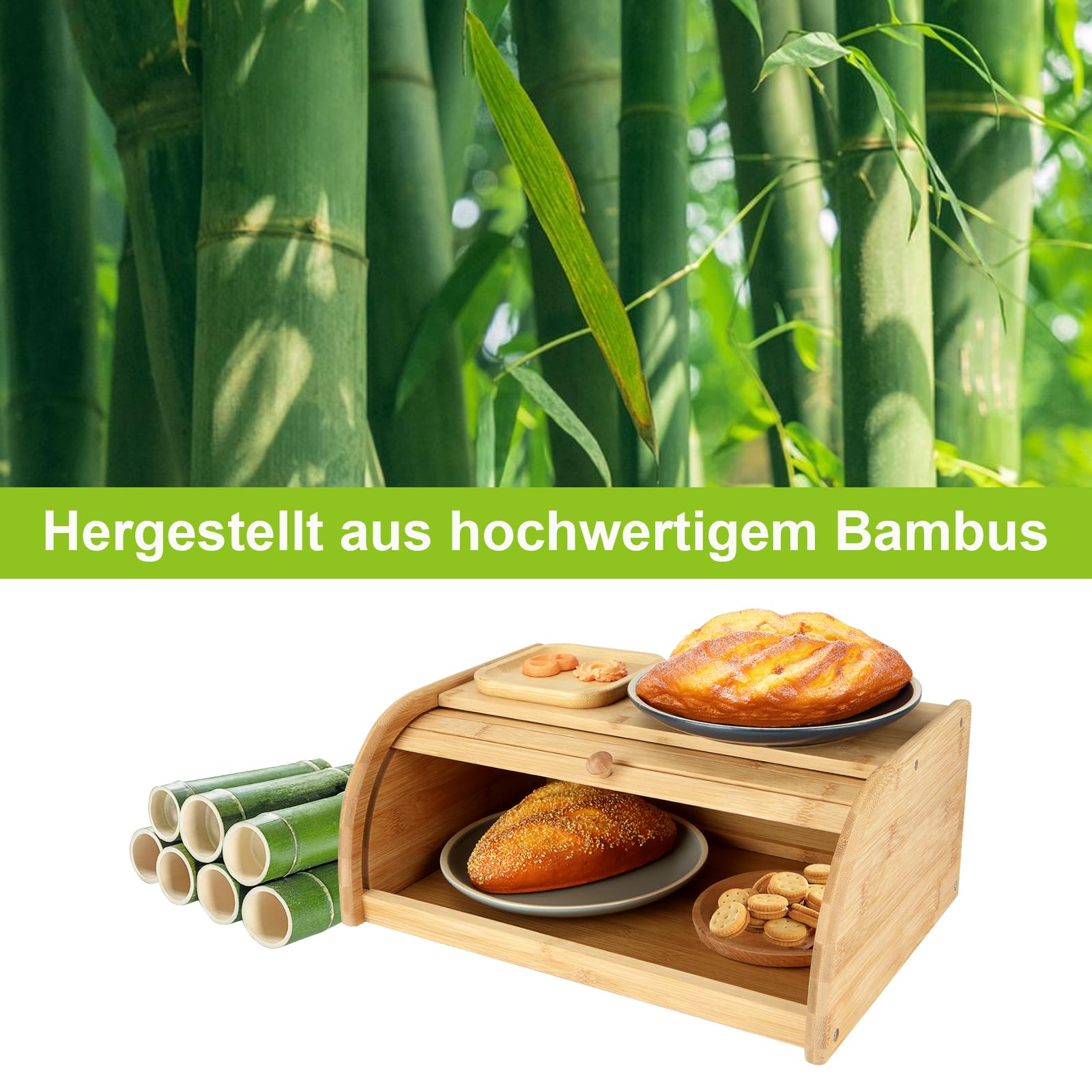 Contenitore per il pane in legno di bambù, 40 x 27 x 16,5 cm, contenitore per il pane in legno con coperchio arrotolabile, contenitore per pane sul piano di lavoro, portapane da cucina