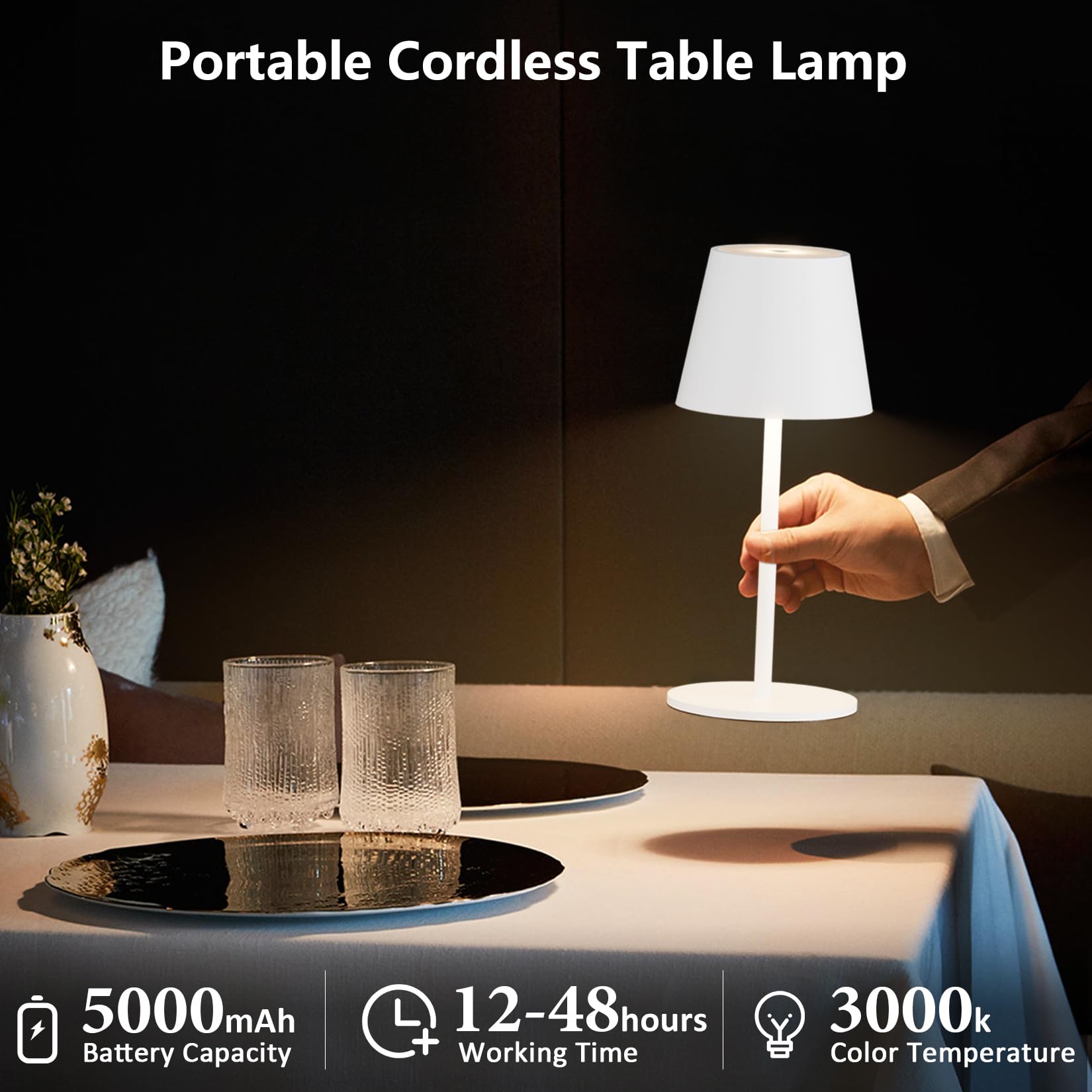 2 pezzi lampade da tavolo LED a batteria dimmerabile, 26cm, lampada da campeggio 5000mAh, batteria ricaricabile, 3W 3000K, lampada da tavolo da esterno IP54 per camera da letto (Bianco)