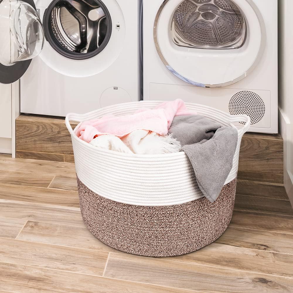 Annecy XXLarge Cotton Rope Woven Basket, 21x13 Inches, Living Room Decorative Blanket & Towel Basket, White & Beige Brown