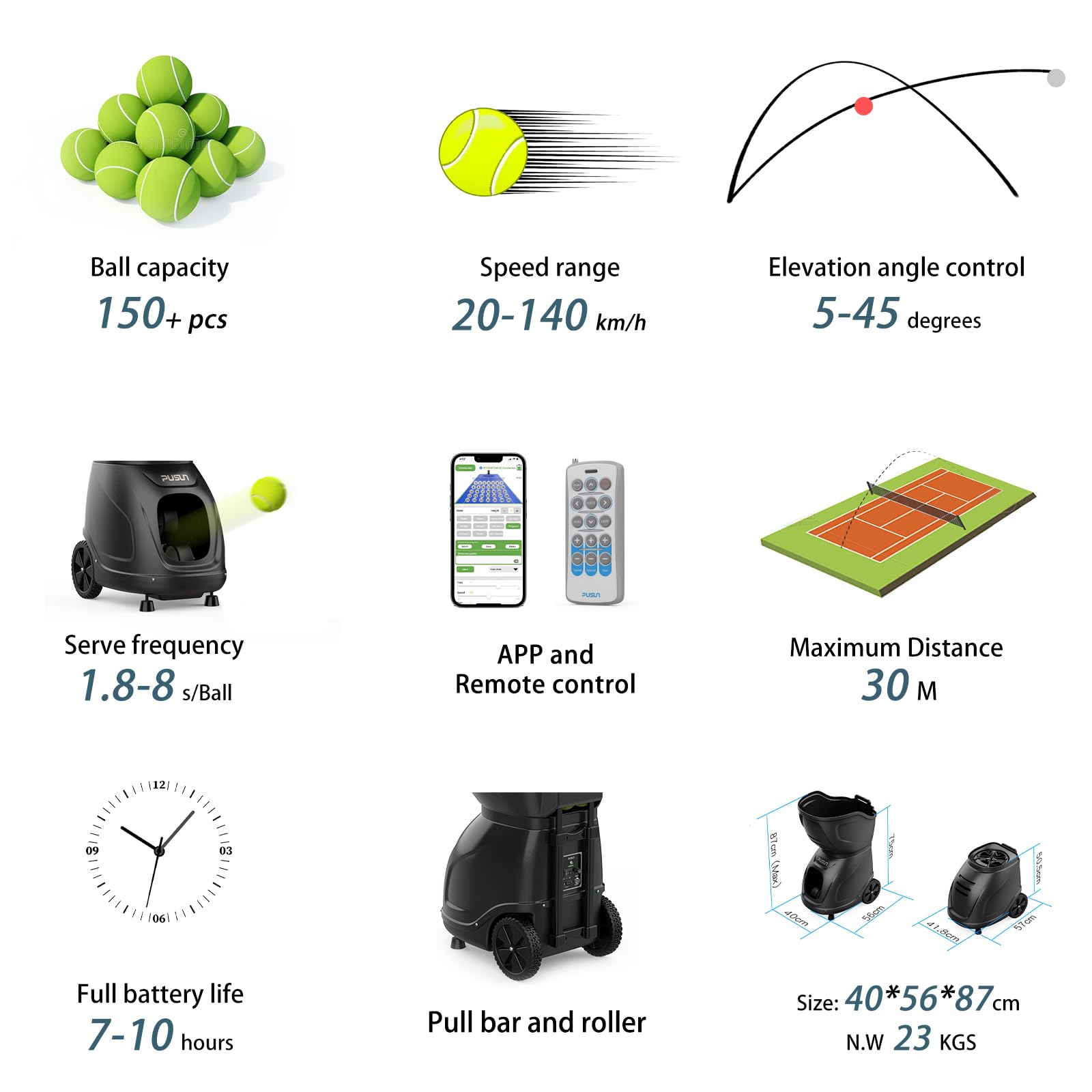 PUSUN PT 9001 Tennis Machine - Professional Ball Launcher, App & Remote Control, Variable Speed & Spin, 35 Ball Placement Points, 150 Capacity, Rechargeable Battery - Pro Training (Black)