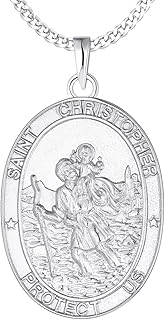 FJ St. Christopher Necklace 925 Sterling Silver, Round Coin Antiqued Religious Protector Talisman Pendant, for Men Women