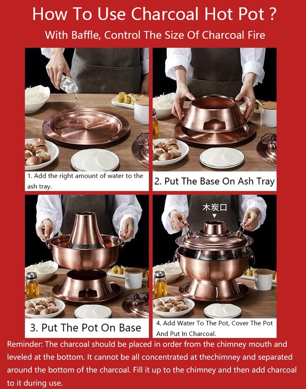 Fondue Chinese Copper Hot Pot, Hot Pot Pan Stainless Steel Chinese Cooker Traditional Soup Pot Cookware with Chimney for Home Party Restaurant,Gold-32cm