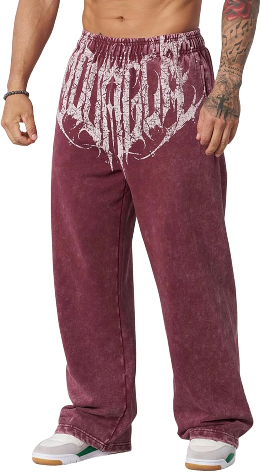 Men's Vintage Wash Graphic Sweatpants Baggy Straight Leg Joggers with Pockets Cotton Stretch Gym Streetwear Pants