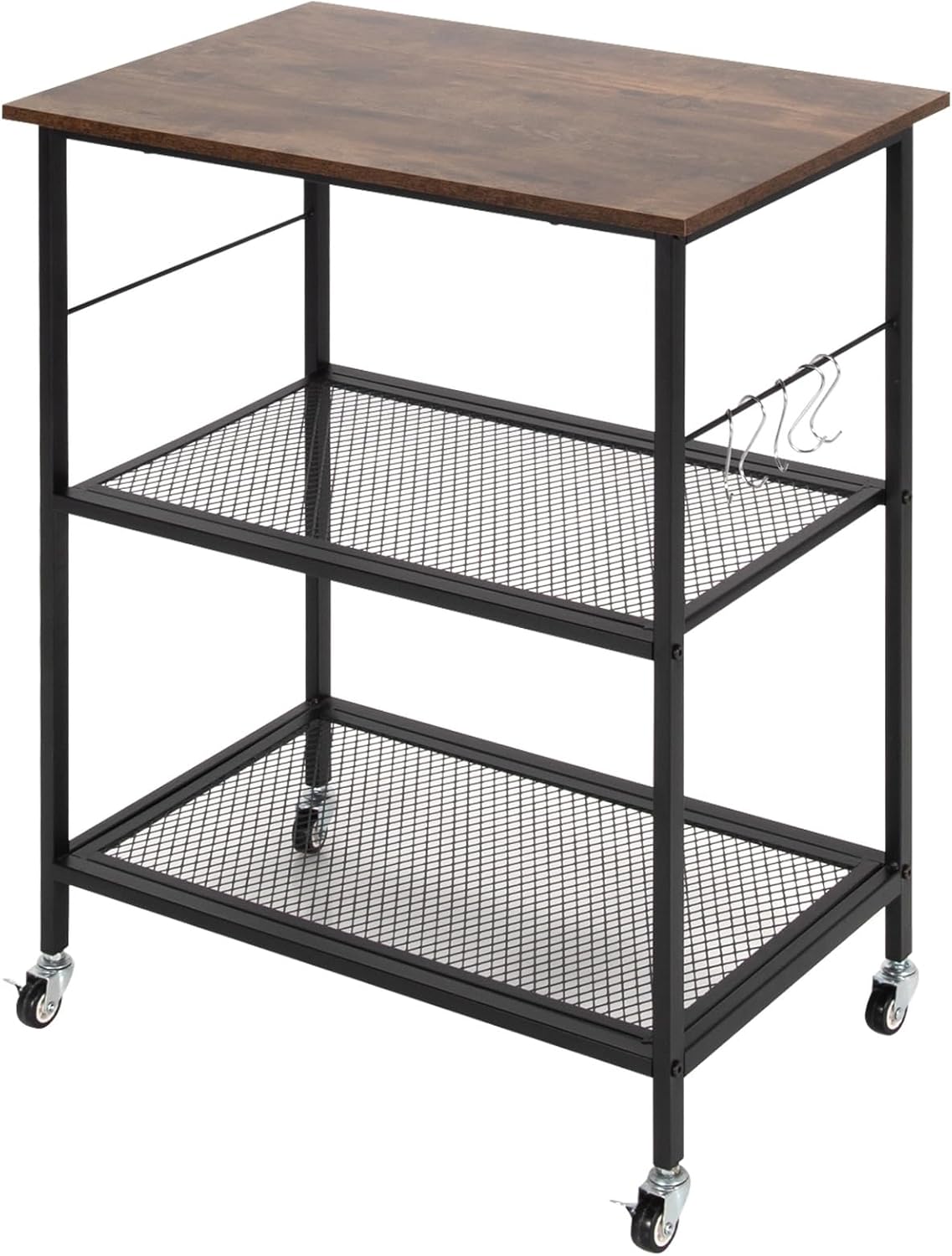 Kitchen Cart, Industrial Microwave Cart, 3-Tier Rolling Utility Cart on Wheels with Metal Frame Wooden Table and Two Grid Storage Shelves for Kitchen and Living Room, Bedroom (Brown)