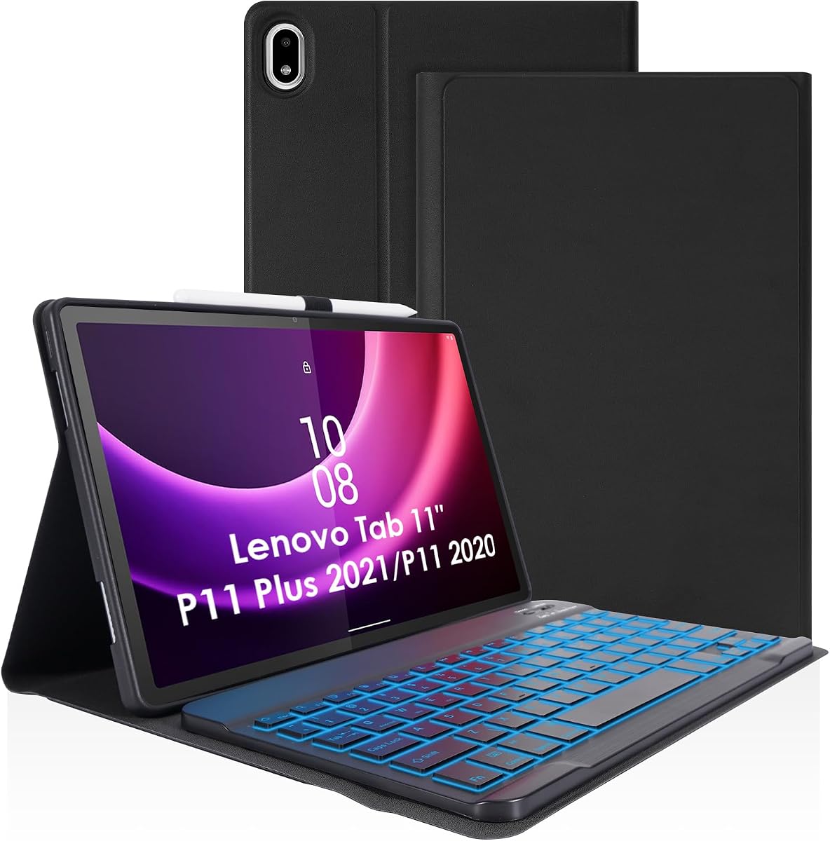 LAMA Funda con teclado retroiluminado de 7 colores para Lenovo Tab P11 Plus 2021 (TB-J607/TB-J616) y 2020 Lenovo Tab P11 (TB-J606F TB-J606X), teclado inalámbrico desmontable con soporte delgado y soporte para bolígrafo, negro
