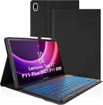 LAMA 7 Colors Backlit Keyboard Case for 11Inch Lenovo Tab P11 Plus 2021TB-J607/TB-J616 & 2020 Lenovo Tab P11 TB-J606F TB-J606X, Detachable Wireless Keyboard Slim Stand Cover with Pen Holder, Black