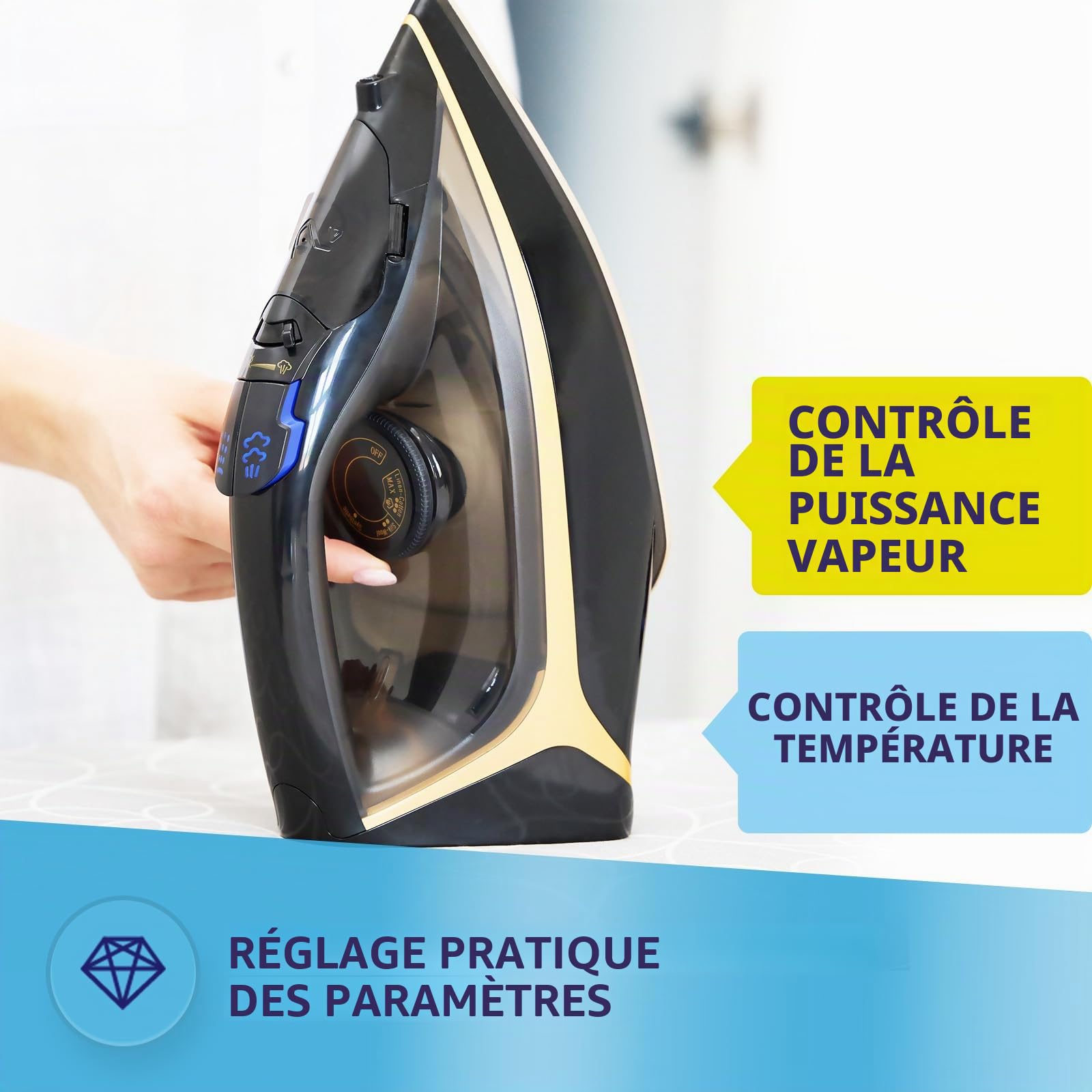 MPM Fer à repasser vapeur sans fil - Contrôle de la vapeur et de la température - Fer autonettoyant - Fer à repasser en céramique - 2600W - Noir/Or