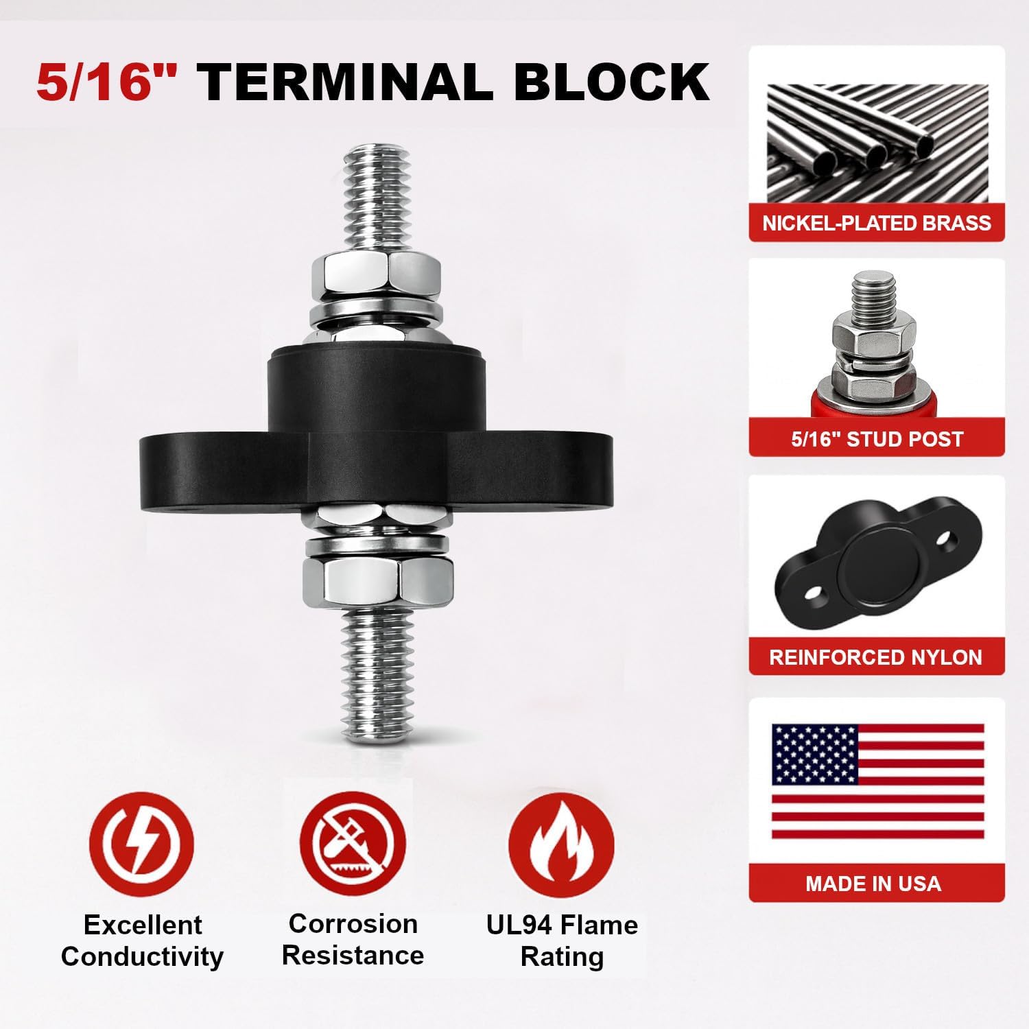 MGI SpeedWare 5/16" Feed-Thru Stud Junction Block Power Post for 12V 24V Automotive and Marine Battery Accessories Connections (Black)