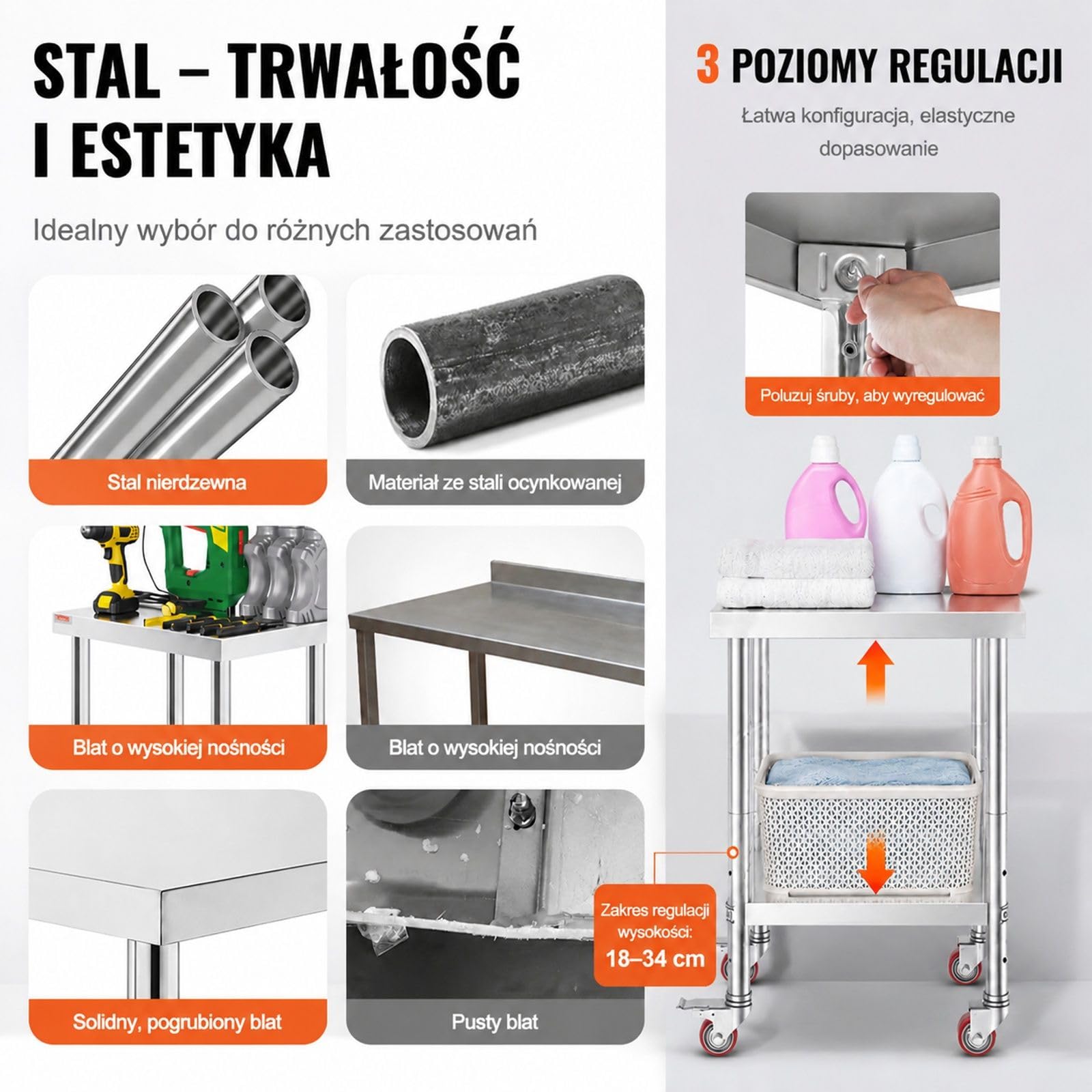 Stół roboczy ze stali nierdzewnej z dwiema półkami, regulowaną dolną półką i 4 kółkami do kuchni, baru i restauracji