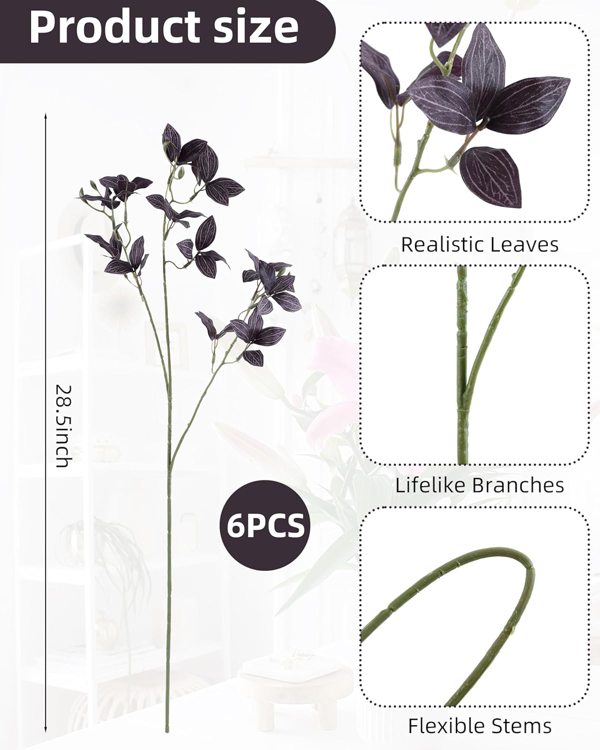 DuHouse 6 Pcs Artificial Greenery Branches Fake Greenery Stems Artificial Plants for Vase Filler, Faux Leaves Branches for DIY Home Centerpieces Table Decor(Plum) - Image 4