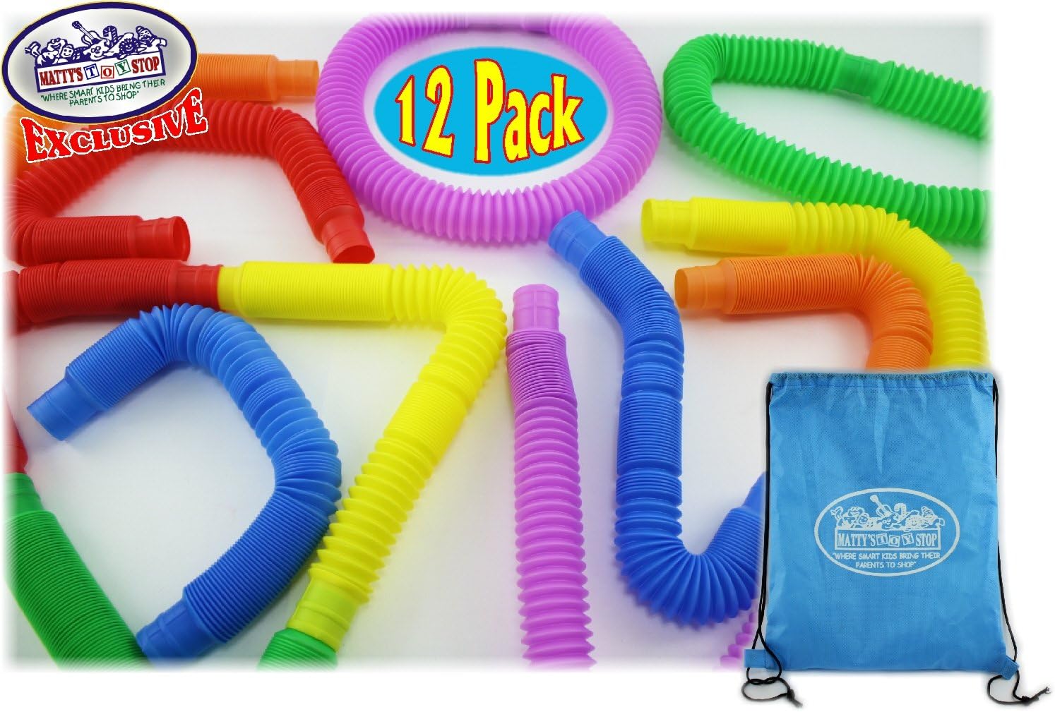 Matty's Toy Stop Pull 'N Pop Multi-Color Tubes (Toobs) with Storage Bag - 12 Pack