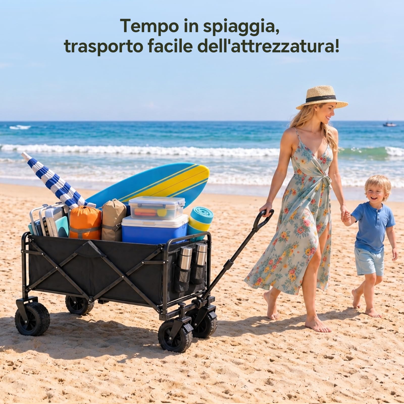 Carrello Spiaggia Pieghevole 200L 160kg, Carrellino con Ruote 84x48x100cm, Carriola da Giardino Dotata di Ruote Ffuoristrada Girevoli a 360°, Ideale per Campeggio, Spesa, Cani, Giardino e Spiaggia
