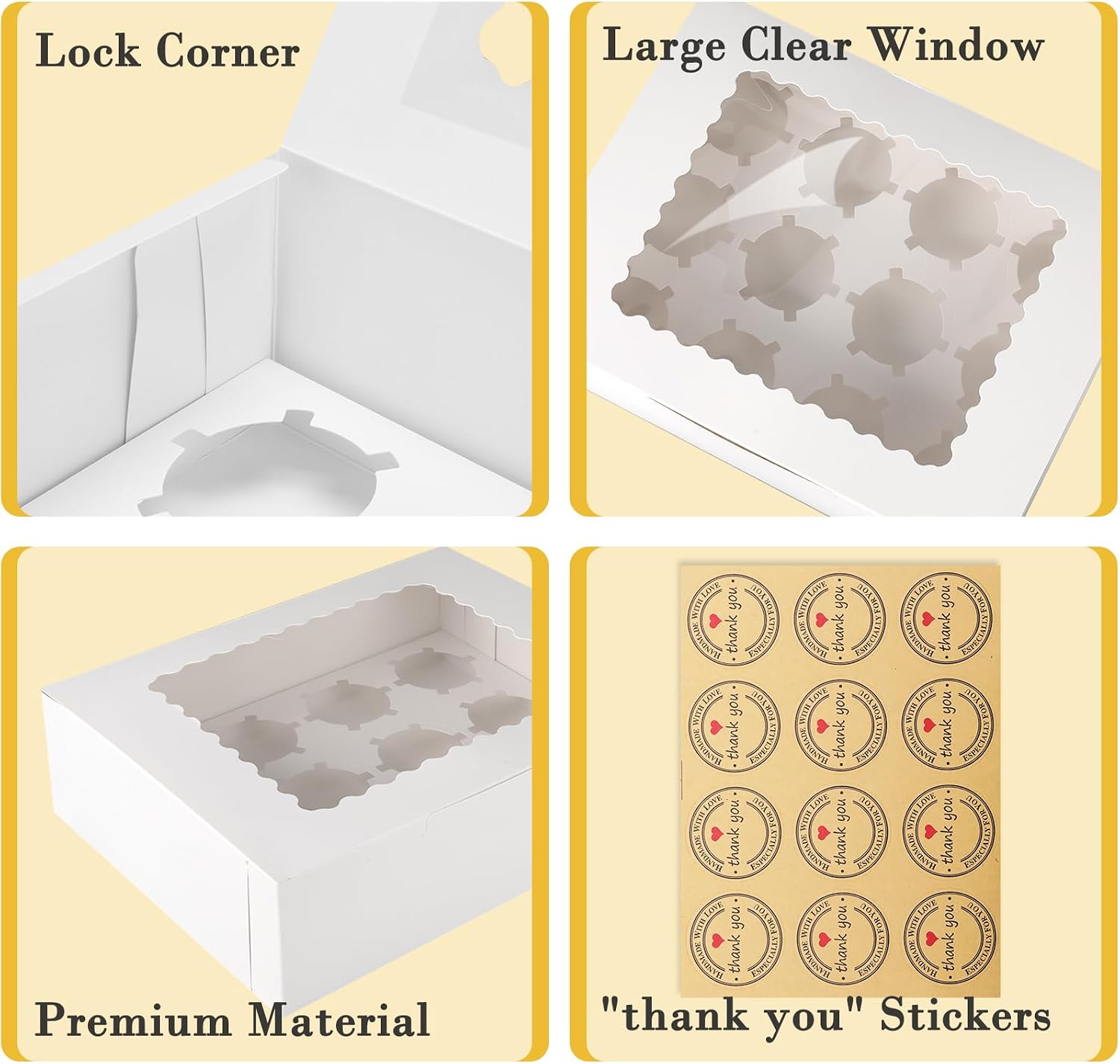 16 Sets of 12-Count White Cupcake Boxes with Window and Insert, 13x10x3.5 Inch, Suitable for Cupcakes, Muffins, and Cookies