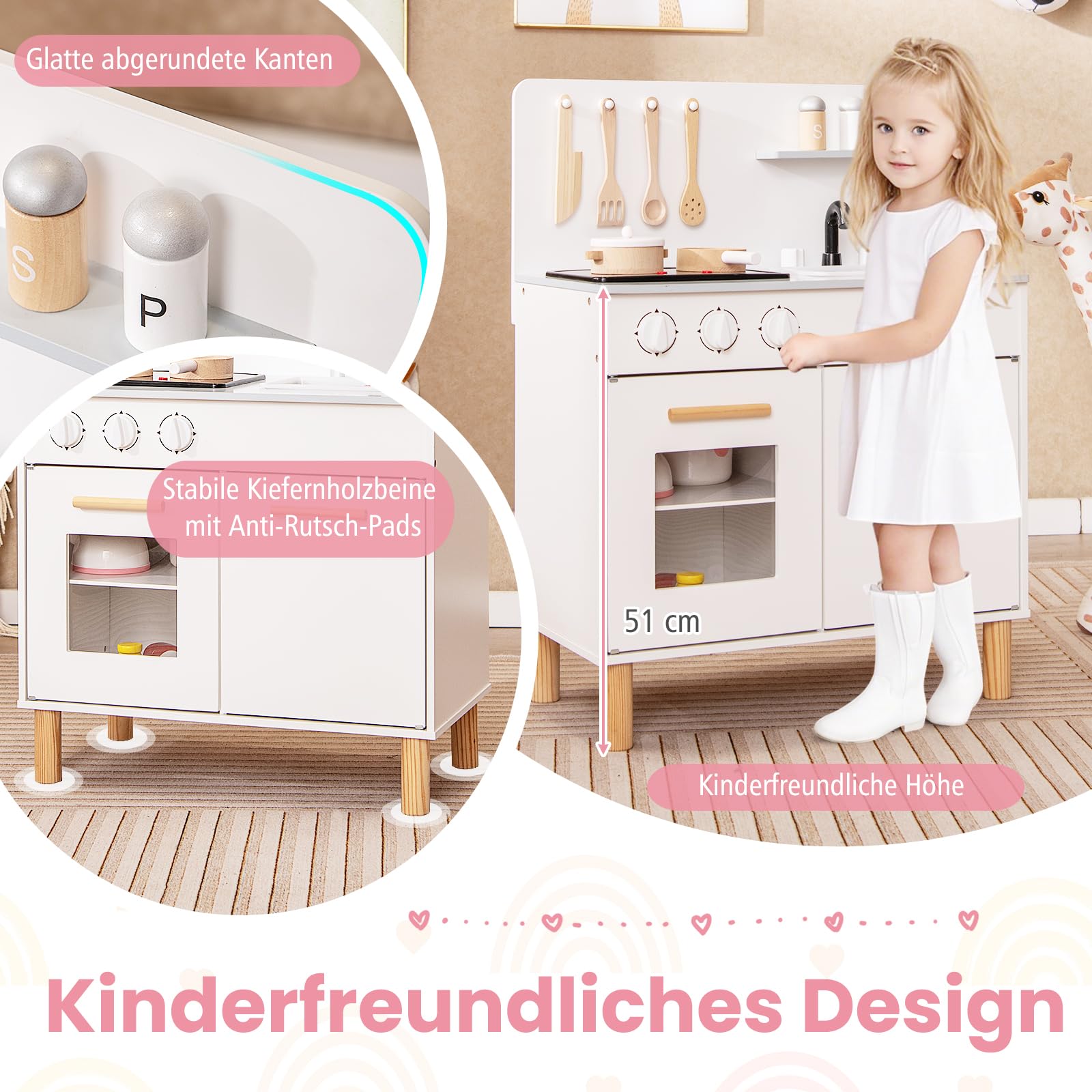 DREAMADE Kinderküche Holz mit 10 TLG. Zubehör, Kinder Küche mit Waschbecken Herd Backoffen, Mini Holzküche, Spielküche mit Licht und Geräuschen für Kleinkinder ab 3 Jahren (Weiß)