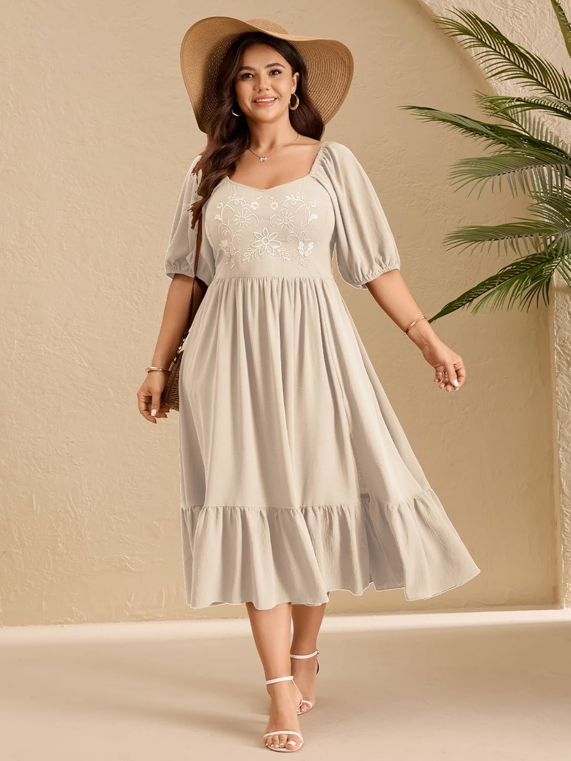 SCOMCHIC Women's Plus Size Midi Dresses Short Sleeve Floral Embroidered Smocked Ruffle Split Summer Western Boho Dress - Image 2