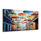Canvas Wall Art Prints Puerto Rico Watercolor San Juan Street Colorful Umbrellas Colonial Large Framed Artwork Wall Paintings Pictures Posters 24